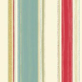 Stripe In Soft Teal Red And Gold Accents On A Cream Ground