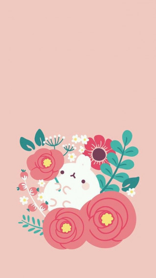Spring Flowers Background White Bunny Drawn Orange