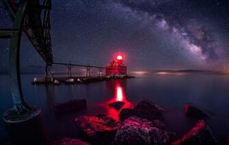 Wallpaper The Sky Light Night Red Bridge Lake Stones Shore