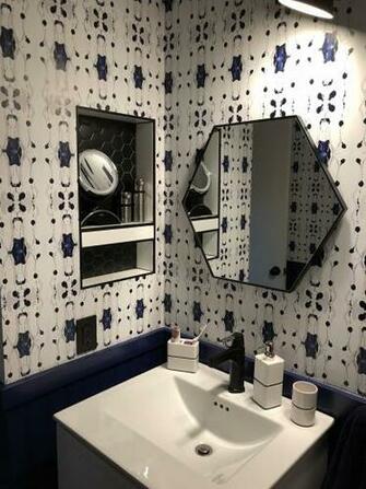 Powder Room Navy Wainscoting Tamarindo Wallpaper From Jennifer