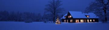 Christmas Tree And Cozy House With Snow Outside 4k Wallpaper