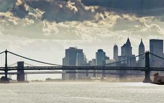 New York Manhattan Bridge Clouds Wallpaper And Stock