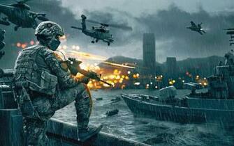 Game Bf4 Wallpaper Met Een Soldaat Boten En Helikopters Op De