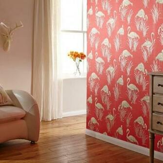 Vintage Lagoon Traditional Oriental Flamingo Textured Wallpaper