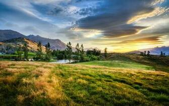 New Zealand Sunset Prairie Mountains Pond Landscape Wallpaper