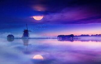 Wallpaper Reflection Fog Night Mill Lake The Moon House
