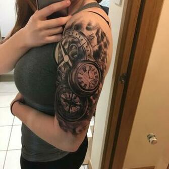 Black And White Tattoo Half Sleeve With Compass Clock Map