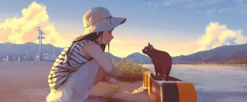Anime Girl Staring Cat 4k Wallpaper