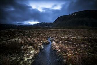 Wallpaper Stream Field Mountains Gray Clouds Storm