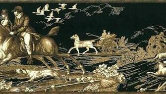 Wallpaper Border Horses Toile Hunt Scene Hounds Black Taupe Cream Tan