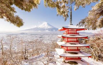 Wallpaper Winter Mountain Japan Pagoda Fuji Image For Desktop