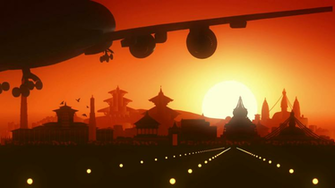 Kathmandu Airplane Landing Skyline Golden Background Motion