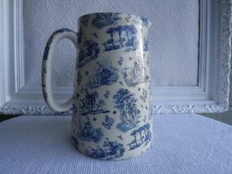 Vintage Crown Burslem Blue And White Toile Large Pitcher Circa S