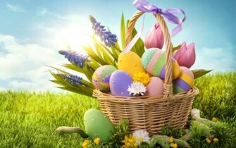 Eggs Easter Basket Bow Grass Holiday Flowers Spring Wallpaper