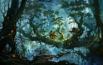 Enchanted Village On The Forest Trees Wallpaper