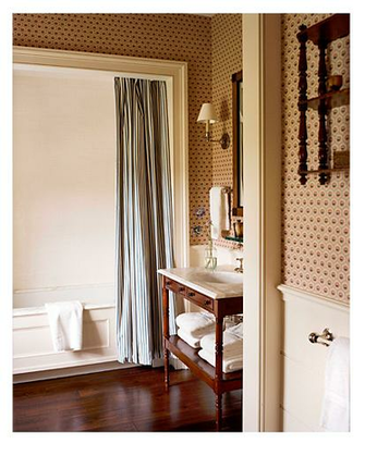 Love The Wallpaper And Ticking Stripe Shower Curtain Tucked Inside