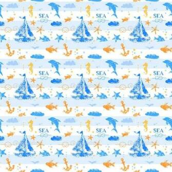 Stamp Print Sailboat Anchor Fishes Seagull On Striped White Background