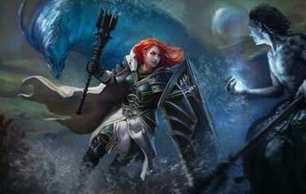 Wallpaper Water Girl Spirit Art Red Battle Shield Mace