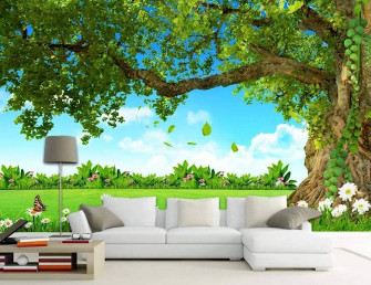 3d Wall Mural Wallpaper Blue Sky Grass Green Big Tree Flower
