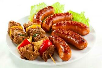Wallpaper Kebabs Sausages Herbs Plate White