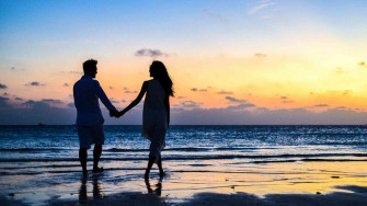 Couple Is Walking On Beach Sand In Silhouette Background HD Wallpaper