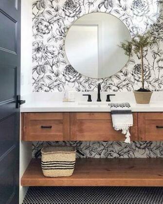 Modern Farmhouse Bathroom With Floral Wallpaper Love This