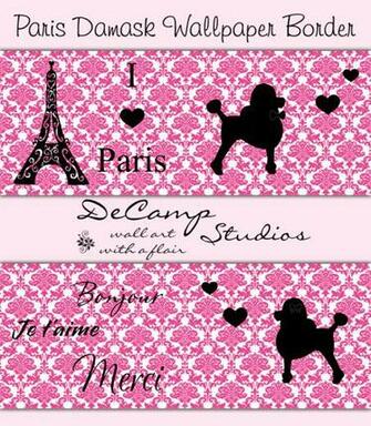 Pink Paris Poodle Damask Wallpaper Border Wall Decals Baby Girl