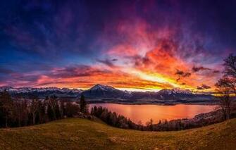 Wallpaper The Sky Trees Sunset Mountains Lake Switzerland