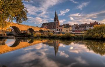 Wallpaper Autumn The Sky Reflection Trees Bridge River HDr