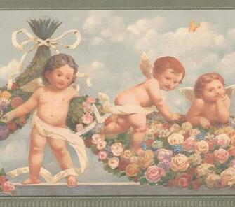 Baby Angels With Colorful Rose Garland Sky Blue Wallpaper Border