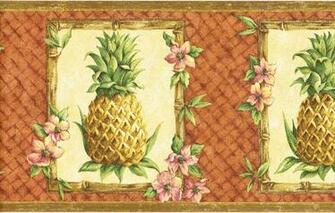 Tropical Flower Pineapple Bamboo Weave Frame Golden Orange Wall Paper
