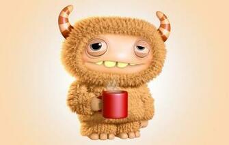 3d Funny Monster Cartoon Cute Character Morning Coffee