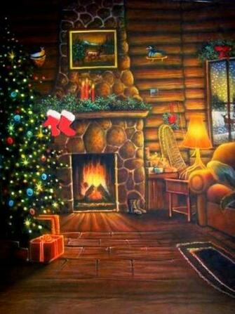 Warm And Bright Log Cabin Fireplace Christmas Photography Backdrop