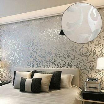 Embossed Victorian Textured Nonwoven Wallpaper Roll Silver Grey