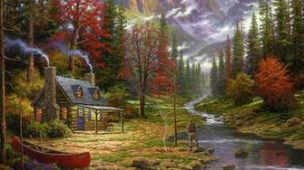 Painting Cottage Canoes River Fishing Forest Chimneys