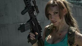 Weapons Guns Assault Rifles Women Brunette Model Sexy Babes Wallpaper