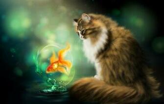 Wallpaper Cat Goldfish Fish Painting