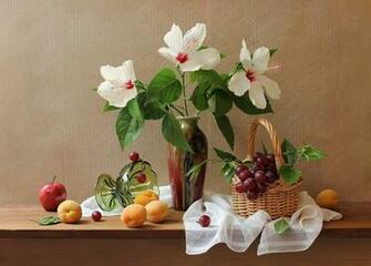 Apples Flowers Hibiscus Basket Vase Still Life Wallpaper Background