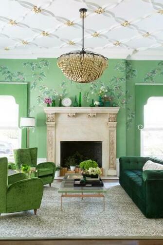Elegant Eclectic Living Room With Hand Painted Wallpaper And Green