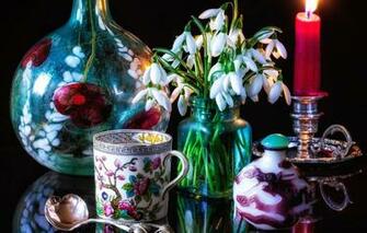 Wallpaper Flowers Style Reflection Candle Snowdrops Spoon