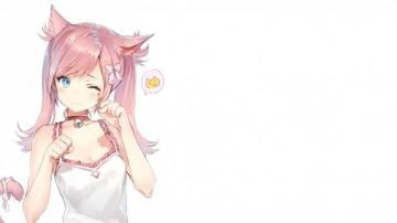 Anime Girl Pink Hair Animal Ears Wink Cat Anim Cute
