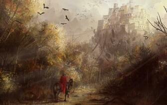 Castle Drawing Knight Medieval Trees Birds Wallpaper