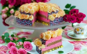 Dessert Sweet Cake Rose Pink Flowers Saucer Tea Cup Wallpaper