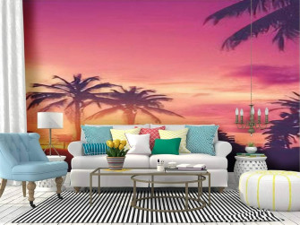 Amazon Wall Mural Tropical Palm Tree With Colorful Bokeh Sun
