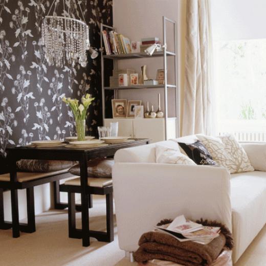 Open Plan Dining Room With Wallpaper Feature Wall In Grey