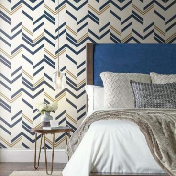 Roommates Rmk9002wp Blue And Metallic Gold Chevron Stripe Peel