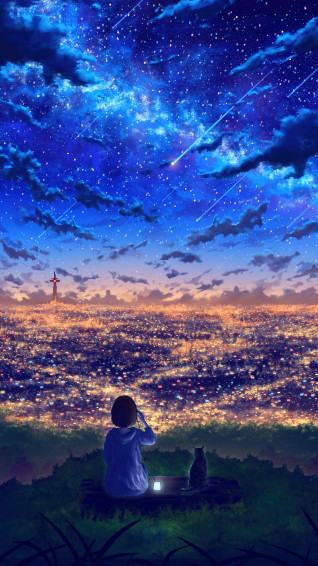 Night Anime Girl Cat Scenery 4k Wallpaper iPhone HD Phone 2870g