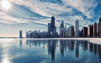 Night Chicago River Skyscrapers City Illinois Winter Wallpaper