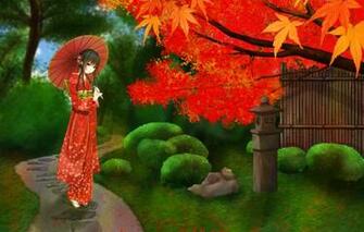 Wallpaper Look Girl Foliage Umbrella Blush Maple Kimono