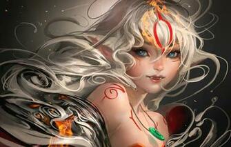 Wallpaper Girl Abstraction Fire Tattoo Art Fangs Ears